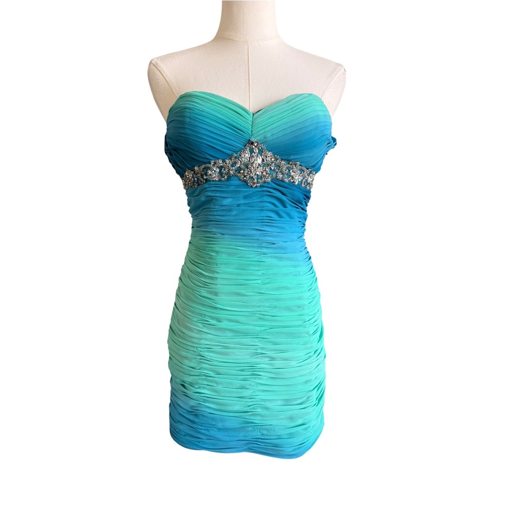 Bee Darlin Ombre Blue Teal Ruched Strapless Bodycon Mini Dress Size 3/4